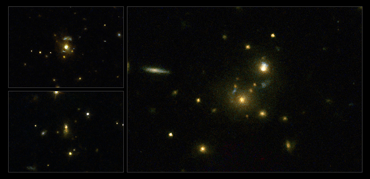 RĂˇdiovĂ© galaxie 3C 297, 3C 454.1 a 3C 356 (vpravo), kterĂ© byly souÄŤĂˇstĂ­ studie. Kredit: NASA, ESA, M. Chiaberge (STScI).