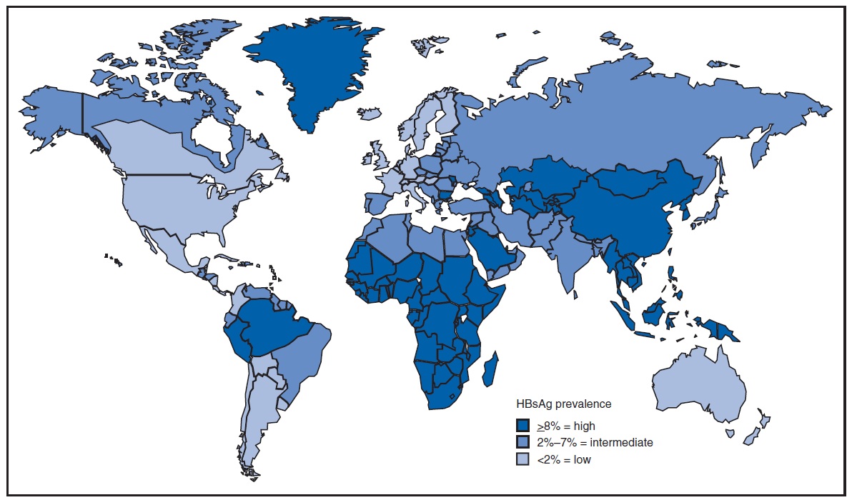 Epidemiologie hepatitidy B. Kredit: Â Ott JJ, Stevens GA, Groeger J, Wiersma ST. Global epidemiology of hepatitis B virus infection: new estimates of age-specific HBsAg seroprevalence and endemicity. Vaccine. 2012)