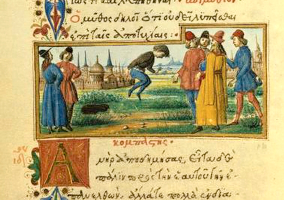 Ilustrace k Ezopově bajce o chvástalovi, 1480 n. l. Medicejský kodex, řecký text. New York Public Library. Kredit: Atlasowa, Wikimedia Commons. Public domain.