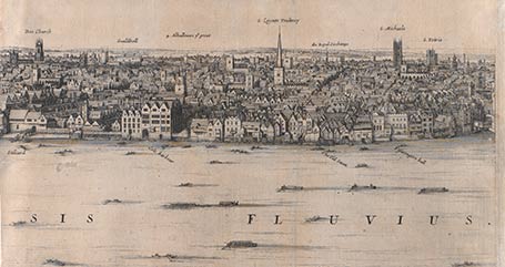 Výřez z pohledu na Londýn před velkým požárem. (Václav Hollar, volné dílo).