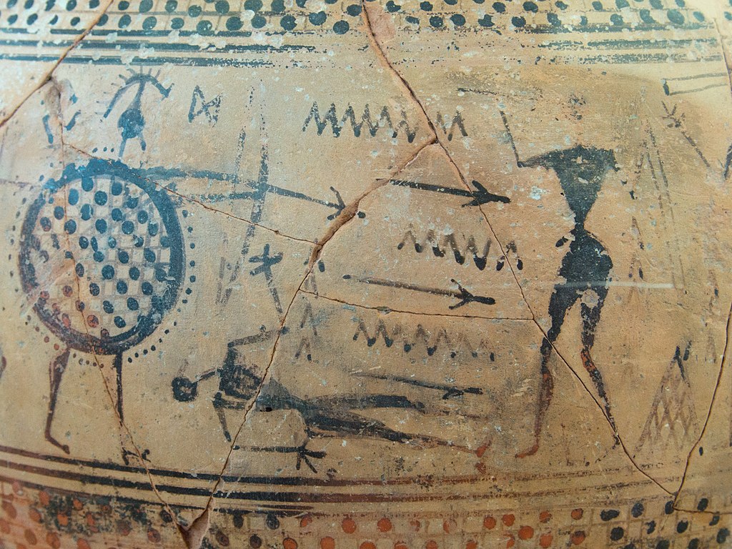 Takhle vypadá výtvarný styl doby vzniku homérských eposů. Válečná scéna malovaná v geometrickém stylu na amfoře z Paru (Parosu), 8. století před n. l. Archeologické muzeum na Paru, 3524. Kredit: Zde, Wikimedia Commons. Licence CC 4.0.