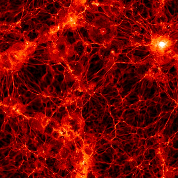 Simulace Illustris, zobrazenĂ­ bÄ›ĹľnĂ© hmoty. Kredit: Markus Haider / Illustris collaboration.