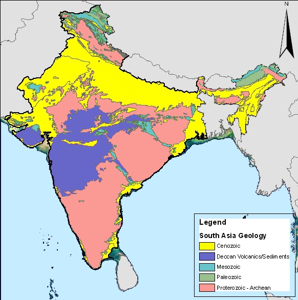 Geologická mapa Indie s vyznačením vulkanických sedimentů Dekkánských trapů (fialově). V současnosti mají rozlohu kolem půl milionu kilometrů čtverečních, původně ale byla jejich plocha asi trojnásobná. Kredit: CamArchGrad, Wikipedie (volné dílo)