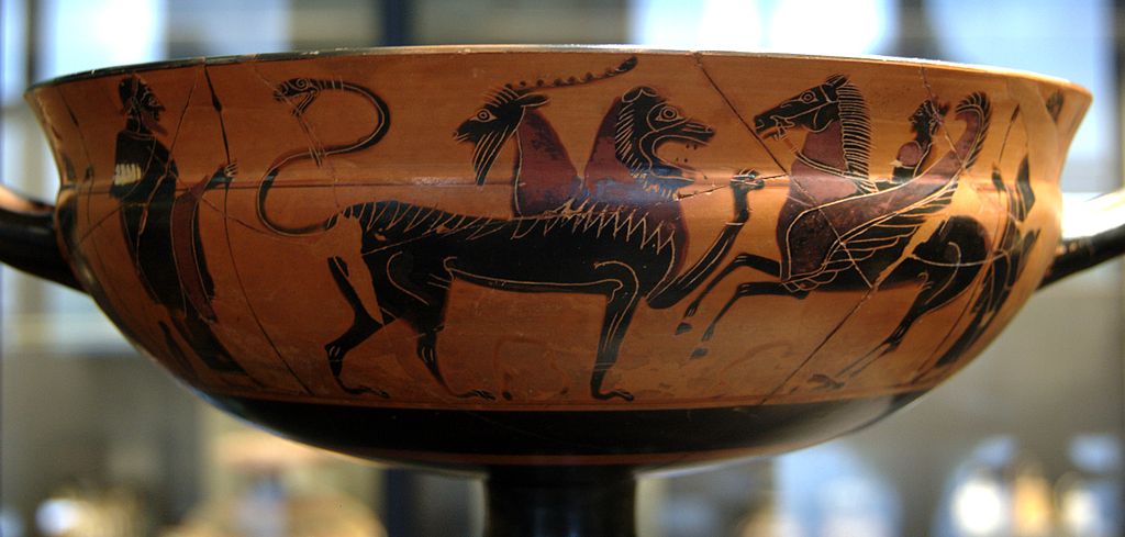 Chiméra a Belerofón na Pegasovi. Atický černofigurový kylix zvaný Siana cup, 575–550 před n. l., průměr 24 cm, dílo tzv. Heidelbergského malíře. Louvre, A 478. Kredit: Bibi Saint-Pol, Wikimedia Commons. Public domain.