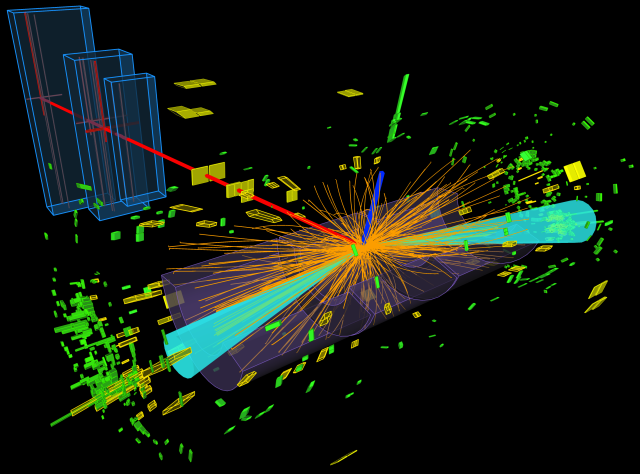 Jeden z pĹ™Ă­padĹŻ vzniku a rozpadu Higgsova bosonu v detektoru ATLAS pozorovanĂ˝ v roce 2012. Rozpad probÄ›hl do dvou tauonĹŻ (svÄ›tle modrĂ© kuĹľely) a ty se pak rozpadly se vznikem elektronu (modrĂˇ ÄŤĂˇra) a mionu (ÄŤervenĂˇ ÄŤĂˇra).