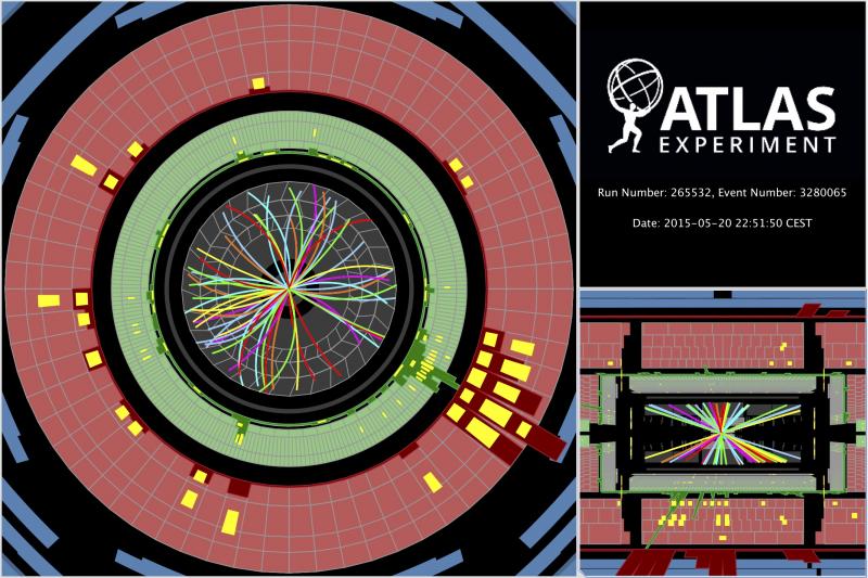 Jedna z prvnĂ­ch srĂˇĹľek pĹ™i energii 13 TeV pozorovanĂˇ na experimentu ATLAS (zdroj CERN).