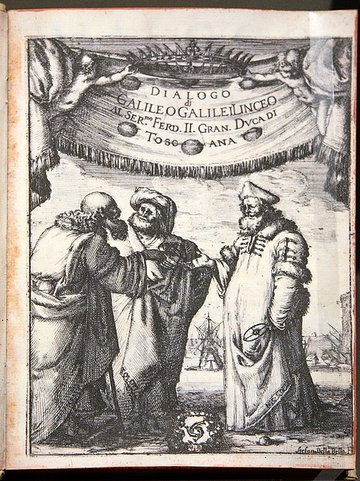 Galileo Galilei, Dialogo sopra i due massimi sistemi del mondo, 218 x 156 mm, faksimile (2010), Museo Galileo. Originál: 1632, Florencie, Museo Galileo, MED 1190. Kredit: Zde, Wikimedia Commons. Licence CC 4.0.