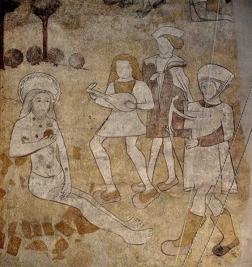 Jób a jeho přátelé. Středověká nástěnná malba v kostele v Hattemu, Holandsko. Kredit: Koosg, Wikimedia Commons. Public domain.