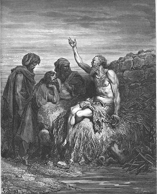 Jób promlouvá ke svým přátelům. Gustave Doré, Anglická Bible, rytina, 1866. Kredit: Dr Jorgen, Wikimedia Commons. Public domain.