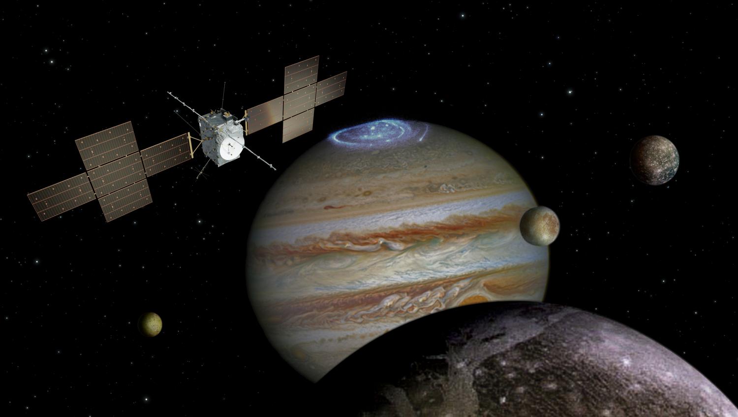 Sonda JUICE (JUpiter ICy moons Explorer) bude pomocí sady citlivých přístrojů podrobně zkoumat Jupiter a tři jeho ledové měsíce. Kredit: spacecraft: ESA/ATG medialab; Jupiter: NASA/ESA/J. Nichols (University of Leicester); Ganymede: NASA/JPL; Io: NAS