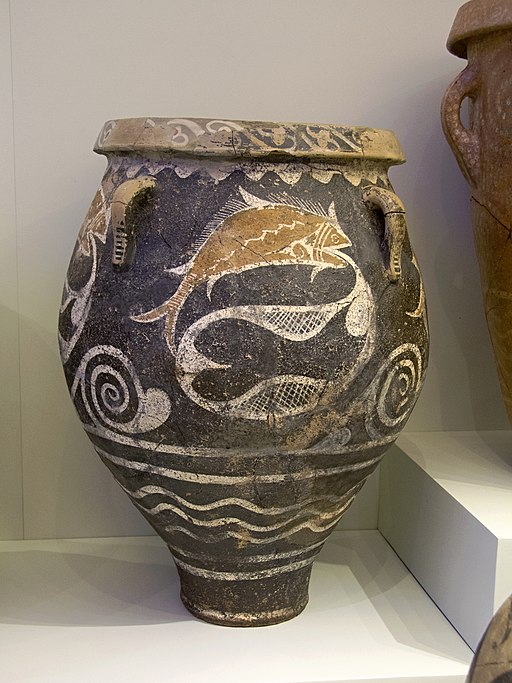 Menší pithos v kamarském stylu, ryby ulovené v síti. Faistos, 1800-1700 před n. l. Kredit: Zde, Wikimedia Commons.