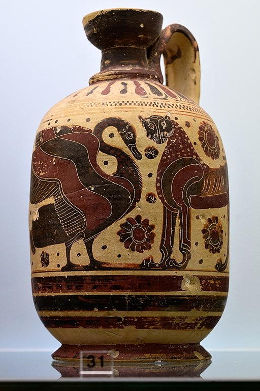 Korintská keramika, labuť a lev, rané 6 století před n. l., ? 347. Kredit: Zde, Wikimedia Commons. Licence CC 4.0.