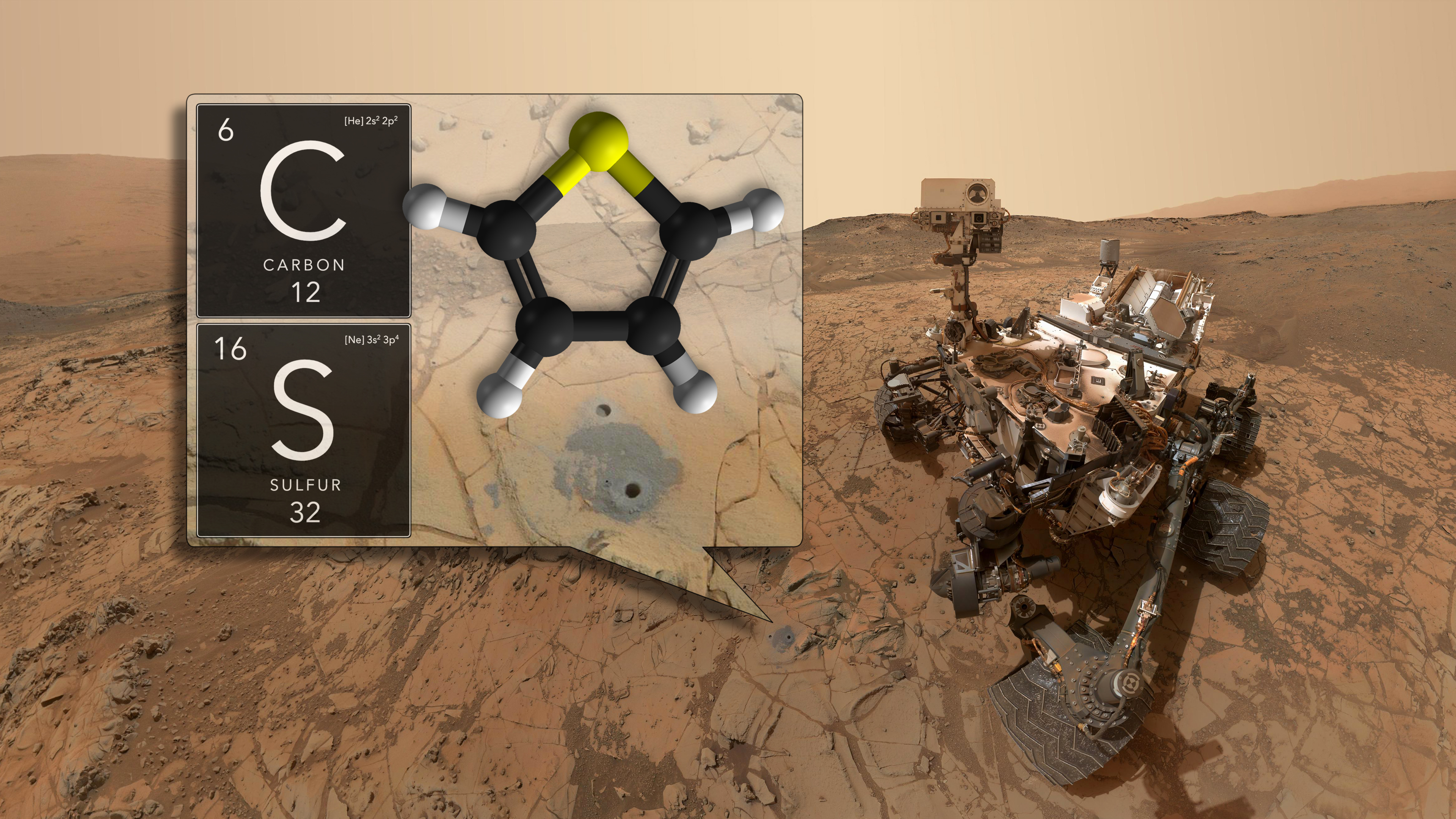 V těch dvou vyvrtaných dírkách na dně kráteru našlo vozítko Curiosity kerogen starý 3,5 miliardy let obsahující thiofen aromatickou sloučeninu uhlíku a síry. Kredit: NASA.gov