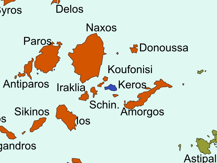 Uprostřed mapy jsou Maké Kyklady s označeným Kerem. Kredit: Bgabel, Wikimedia Commons. Licence CC 3.0.