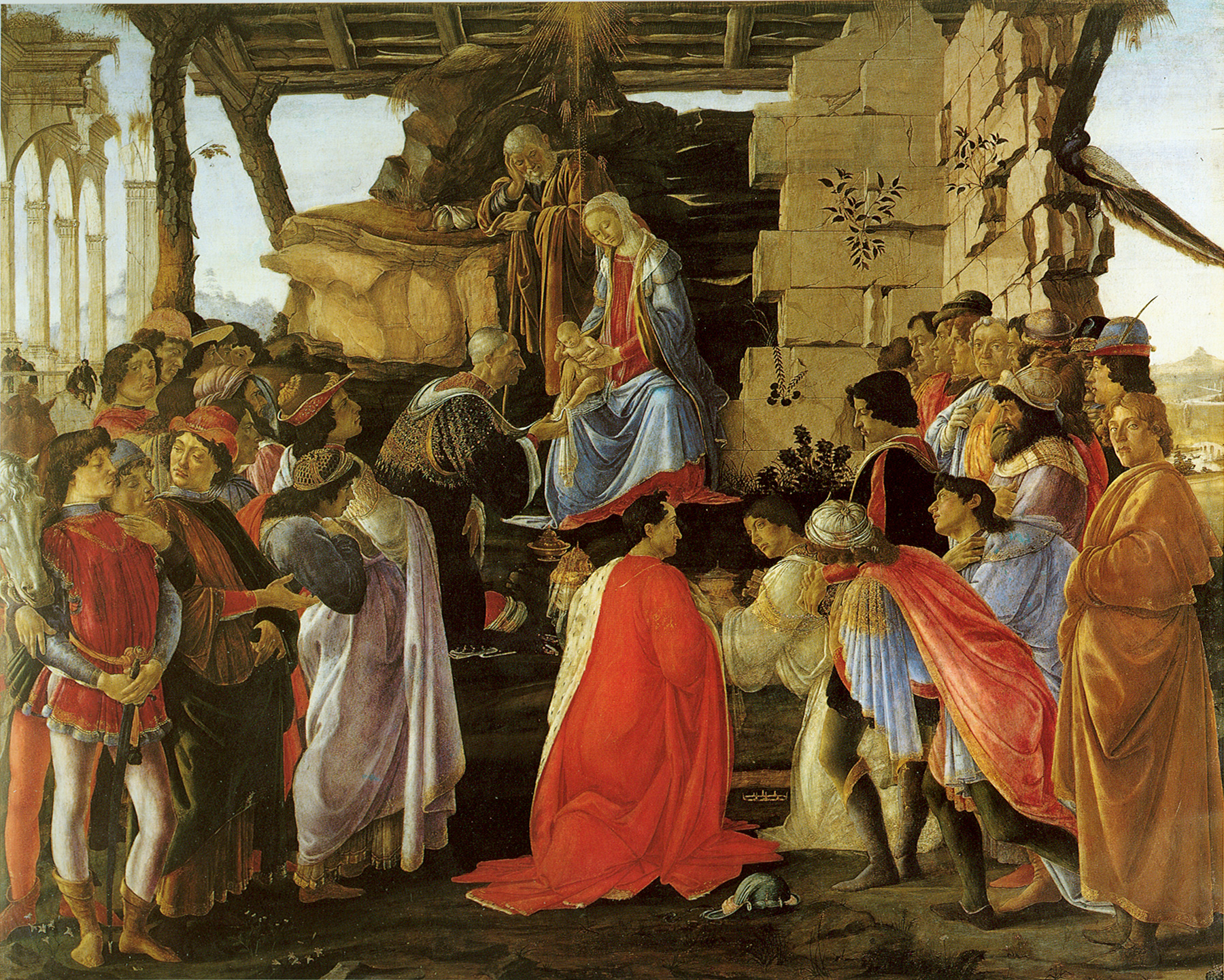 Klanění tří králů Sandro Botticelli (1475-1478) tempera na dřevě. Kredit: Galleria degli Uffizi. Volné dílo.