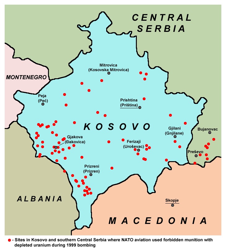 Kontaminovaná místa v Kosovu a na jihu Srbska, kde NATO použilo střely s ochuzeným uranem.
