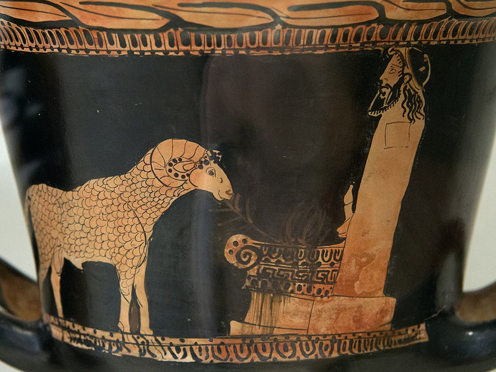 Beránek u arkadského oltáříku s hermovkou Herma, 450 před n. l. Altes Museum Berlin, F 3011. Kredit: Zde, Wikimedia Commons.
