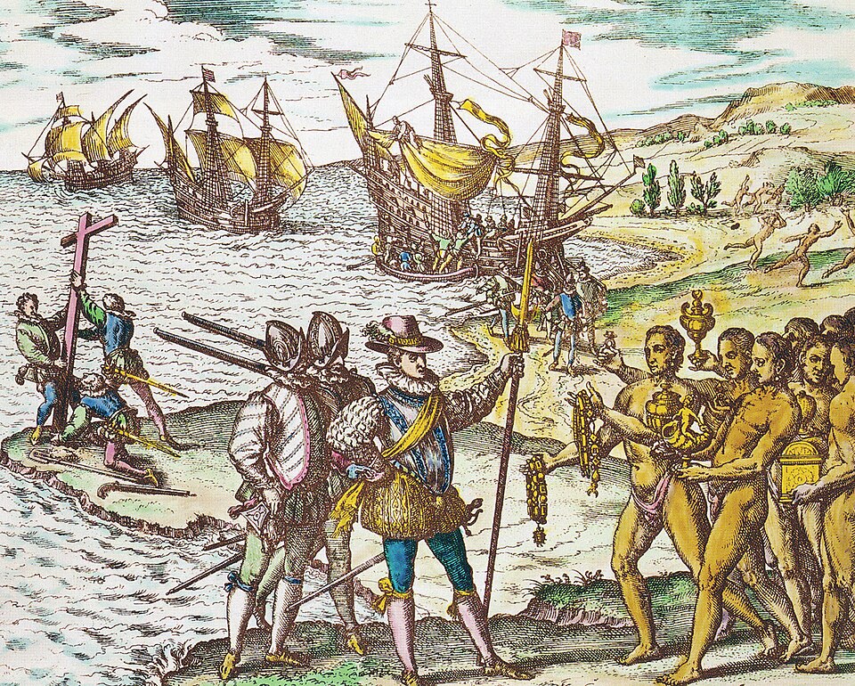 Přistání Kolumba na Hispaniole (1594). Kredit: Théodore de Bry, Americae Tertia Pars, Wikimedia Commons.