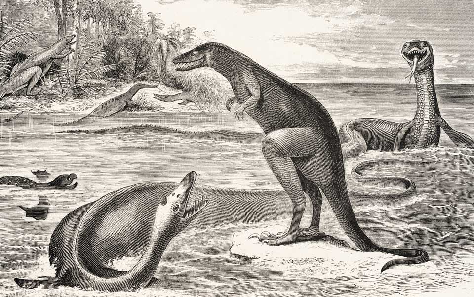 SilnÄ› zastaralĂˇ rekonstrukce pozdnÄ› kĹ™Ă­dovĂ©ho New Jersey. Dryptosaurus na ostrĹŻvku v popĹ™edĂ­ je doprovĂˇzen moĹ™skĂ˝m plazem elasmosaurem a v pozadĂ­ kachnozobĂ˝m hadrosaurem. Ilustrace z roku 1869 velmi dobĹ™e demonstruje, jak vĂ˝raznÄ› se 