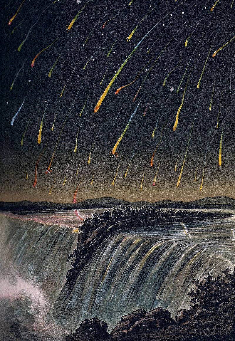 Zrnka, jako jsou Ken s JuliĂ­ nĂˇm na obloze kouzlĂ­ podĂ­vanĂ©, jakĂ˝m Ĺ™Ă­kĂˇme  meteorickĂ© bouĹ™e. Kresba Edmunda WeiĂźe z roku 1833. Kredit Wikipedia