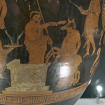 Agamemnón se chystá obětovat Ifigenii, 370-350 před n. l., detail. Britské muzeum. Kredit: José Luis Filpo Cabana, Wikimedia Commons.