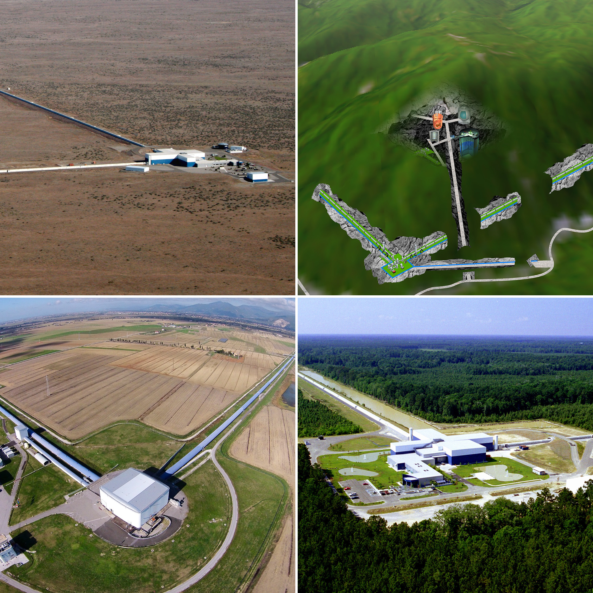 Gravitační observatoře: Vlevo nahoře LIGO Hanford, vpravo nahoře japonská KAGRA, vlevo dole LIGO Livingston a vpravo dole Virgo. Kredit: ICRR, Univ. of Tokyo/LIGO Lab/Caltech/MIT/Virgo Collaboration.