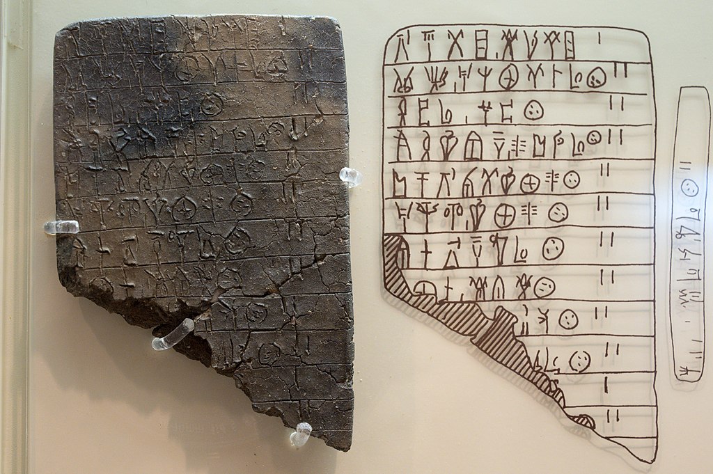 Tabulka s nápisem v lineárním písmu B, soupis jmen žen. Mykény, 1300-1250 před n. l. Archeologické muzeum v Mykénách, MM 2058. Kredit: Zde, Wikimedia Commons. Licence CC 4.0.