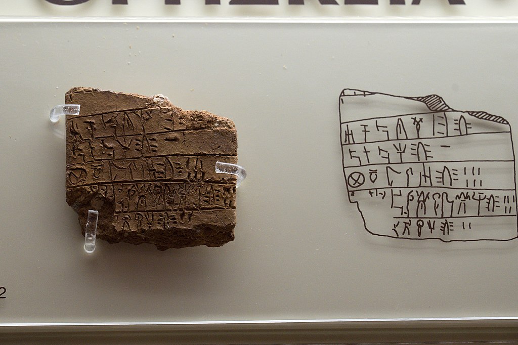Fragment tabulky s nápisem v lineárním písmu B: „Sýpky (nebo Sitopotnia, Paní obilí) a řemeslníci z modrého skla (pracující s modrým sklem?).“ Z kultovního centra v Mykénách, 1250-1180 před n. l. Archeologické muzeum v Mykénách, MM 2044. Kredit: Zde,