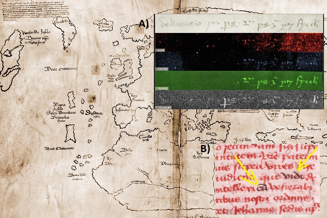 A) Nápis na zadní straně „mapy Vinland“ byl přepsán ve zjevné snaze oklamat. Spodní obrázek ukazuje přítomnost titanu, zatímco předchozí tři obrázky jsou v souladu se středověkým inkoustem ze železa. Obrázek ve vysokém rozlišení ve zprávě YaleNews. 
