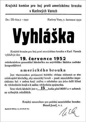 Vyhláška o boji proti „americkému brouku“ z roku 1952 Zdroj: Wikipedia, volné dílo.