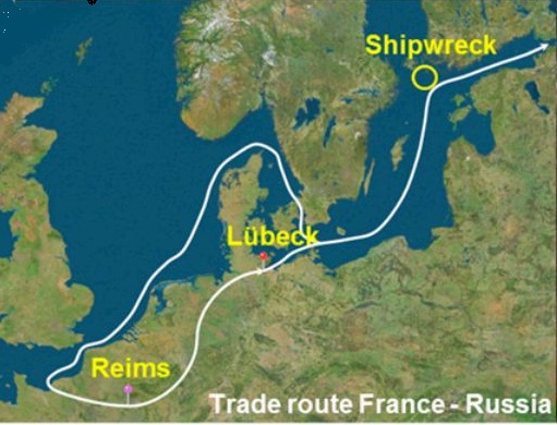 Na jednĂ© z tehdejĹˇĂ­ch obchodnĂ­ch tras do Ruska Ĺˇkuner ztroskotal (oznaÄŤeno krouĹľkem).  Kredit:. Philippe Jeandet et al PNAS , 10,1073 / pnas.1500783112