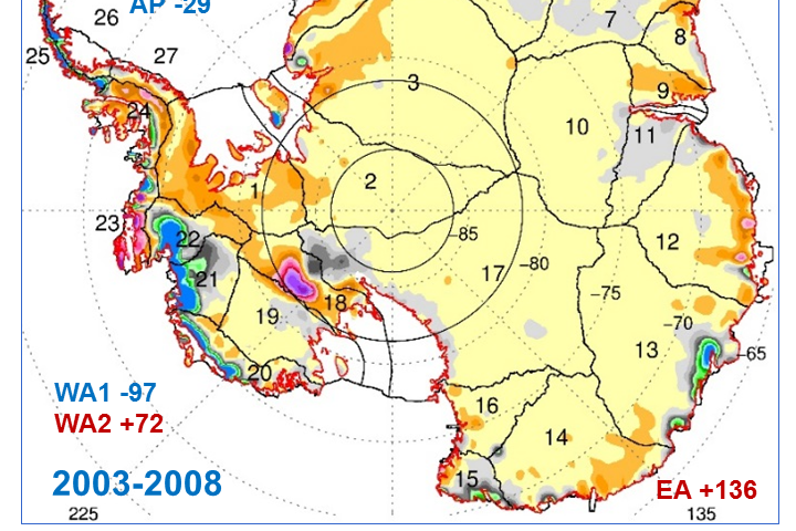 CelkovĂˇ mapa zmÄ›n, jak ji dokumentuje ICESat 2003-2008. Ale ĹľĂˇdnou katastrofu nesignalizuje, naopak. Podrobnosti zde.