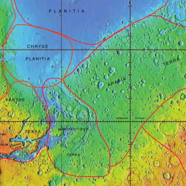 Chryse Planitia a Arabia Terra. Kredit: Jim Secosky / NASA.