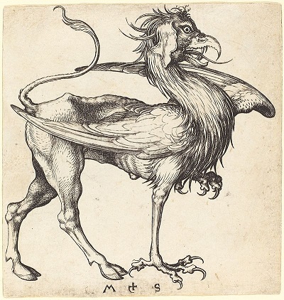 Jedno z mnoha rĹŻznĂ˝ch vybrazenĂ­ Gryfa v prĹŻbÄ›hu stĹ™edovÄ›ku a ranĂ©ho novovÄ›ku, v tomto pĹ™Ă­padÄ› v podĂˇnĂ­ nizozemskĂ©ho umÄ›lce Hieronyma Wierixe ze 16. stoletĂ­ (dle starĹˇĂ­ rytiny nÄ›meckĂ©ho grafika Martina Schongauera z 15. stoletĂ­).