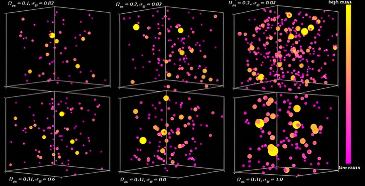 Modelování vesmírů s různým obsahem hmoty. Kredit: Mohamed Abdullah (The National Research Institute of Astronomy and Geophysics, Egypt/Chiba University, Japan).