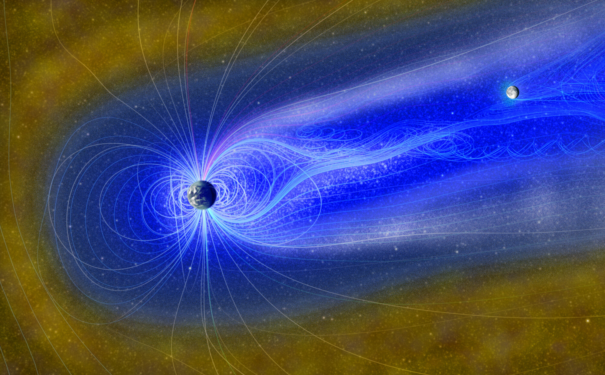 Umělecká představa Měsíce v magnetosféře se „zemským větrem“ tvořeným proudícími ionty kyslíku (šedé) a vodíkovými ionty (jasně modré). Tyto částice rovněž zvládají reagovat s měsíčním povrchem a vytvářet vodu. Tři čtvrtiny své oběžné dráhy je Měsíc 