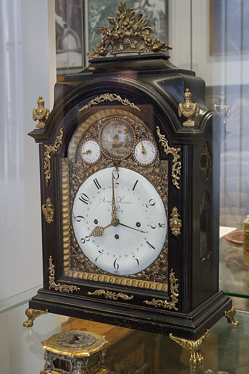 Stolní hodiny. Praha, J. Kraus, konec 18. století. Muzeum hlavního města Prahy. Kredit: Zde, Wikimedia Commons. Licence CC 4.0.