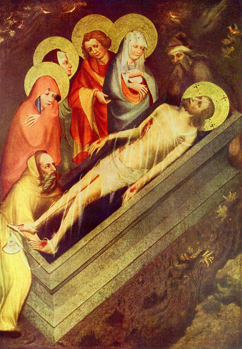 Kladení Krista do hrobu, Mistr třeboňského oltáře, okolo 1380. Národní galerie v Praze, volné dílo.