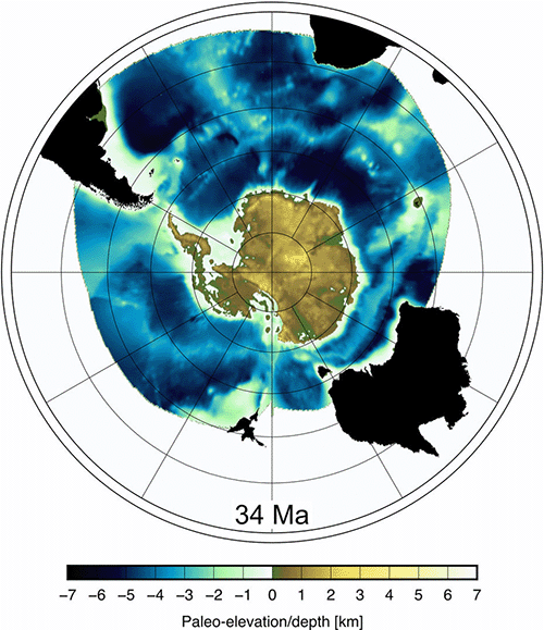 Model vývoje antarktické topografie a batymetrie Jižního oceánu od doby před 34 miliony let. Kredit: Isabel Sauermilch, Scientific Committee on Antarctic Research.