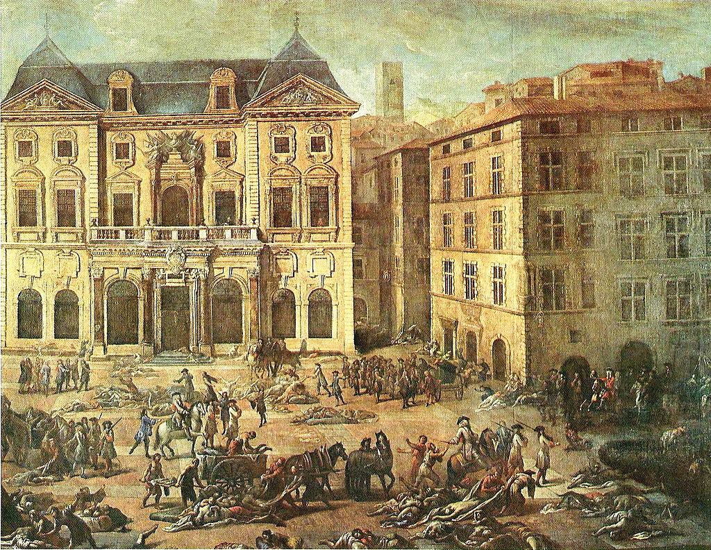 Náměstí před radnicí v Marseille během morové epidemie v roce 1720. Malíř Michel Serre (1658-1733) Kredit: Robert Valette, Wikimedia commons CC-BY-4.0