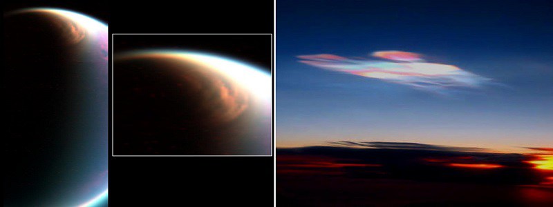 Tento mrak ve stratosfĂ©Ĺ™e nad TitanovĂ˝m severnĂ­m pĂłlem (vlevo) je podobnĂ˝ perleĹĄovĂ˝m oblakĹŻm na Zemi (vpravo). Mrak obsahuje metanovĂ˝ led. Sonda Cassini ho vyfotografovala v roce 2006.  Zdroj: nasa.gov