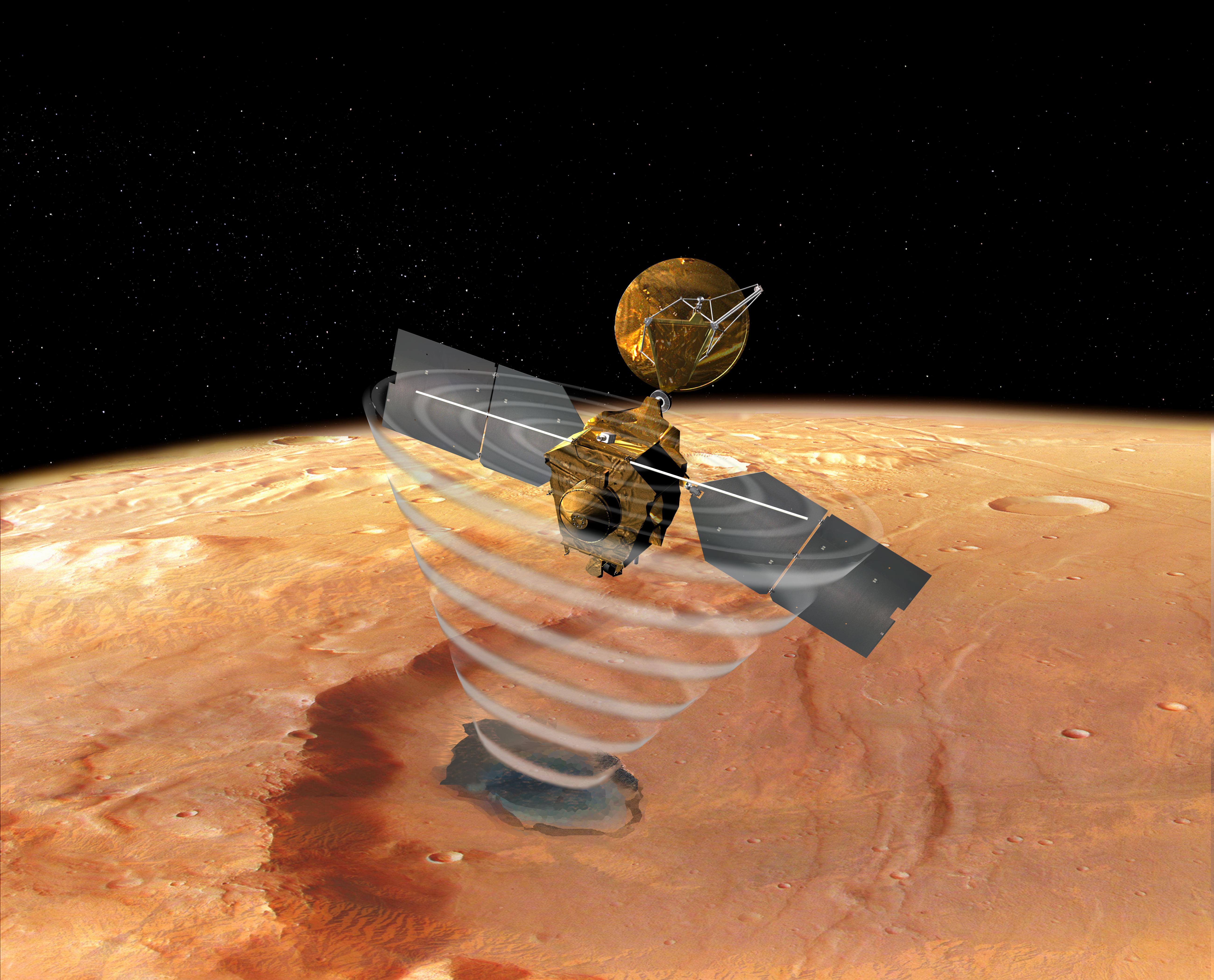 AmerickĂˇ sonda MRO svĂ˝m radarem SHARAD slĂ­dĂ­ pod povrchem Marsu po zmrzlĂ© vodÄ› aĹľ do hloubky jednoho kilometru. (Kredit: NASA/JPL)