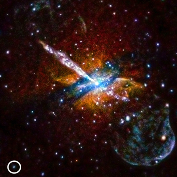 ZĂˇhadnĂ˝ zdroj rentgenovĂ©ho zĂˇĹ™enĂ­ u galaxie Centaurus A â€“ v krouĹľku vlevo dole. Kredit: U.Birmingham / M.Burke et al. / CXC / NASA