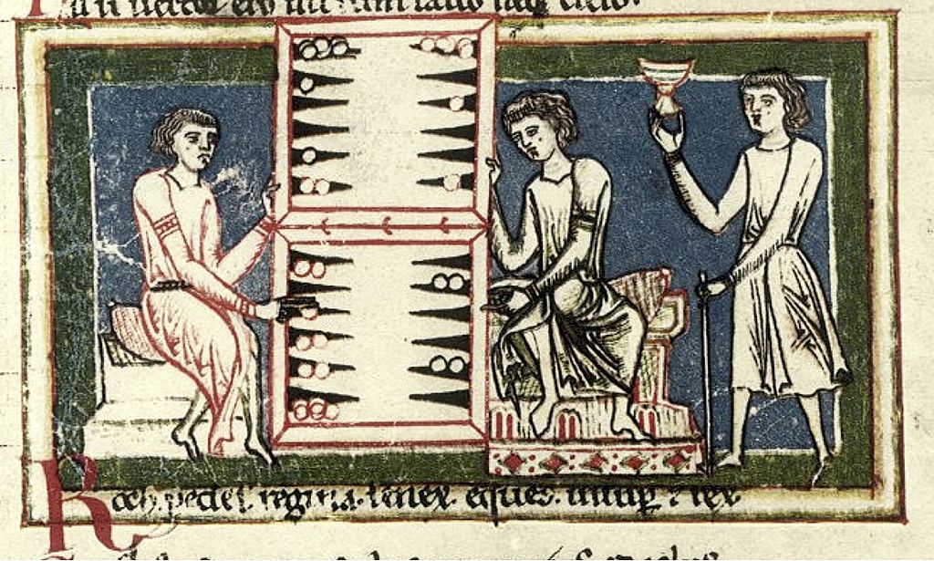 Deska na vrhcáby (triktrak), Codex Buranus (Carmina Burana), 13. století. Kredit: Trey314159, Wikimedia Commons.