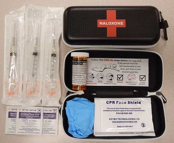 Kit pro aplikaci naloxonu v terénu. Kredit: James Heilman, MD / Wikimedia Commons.