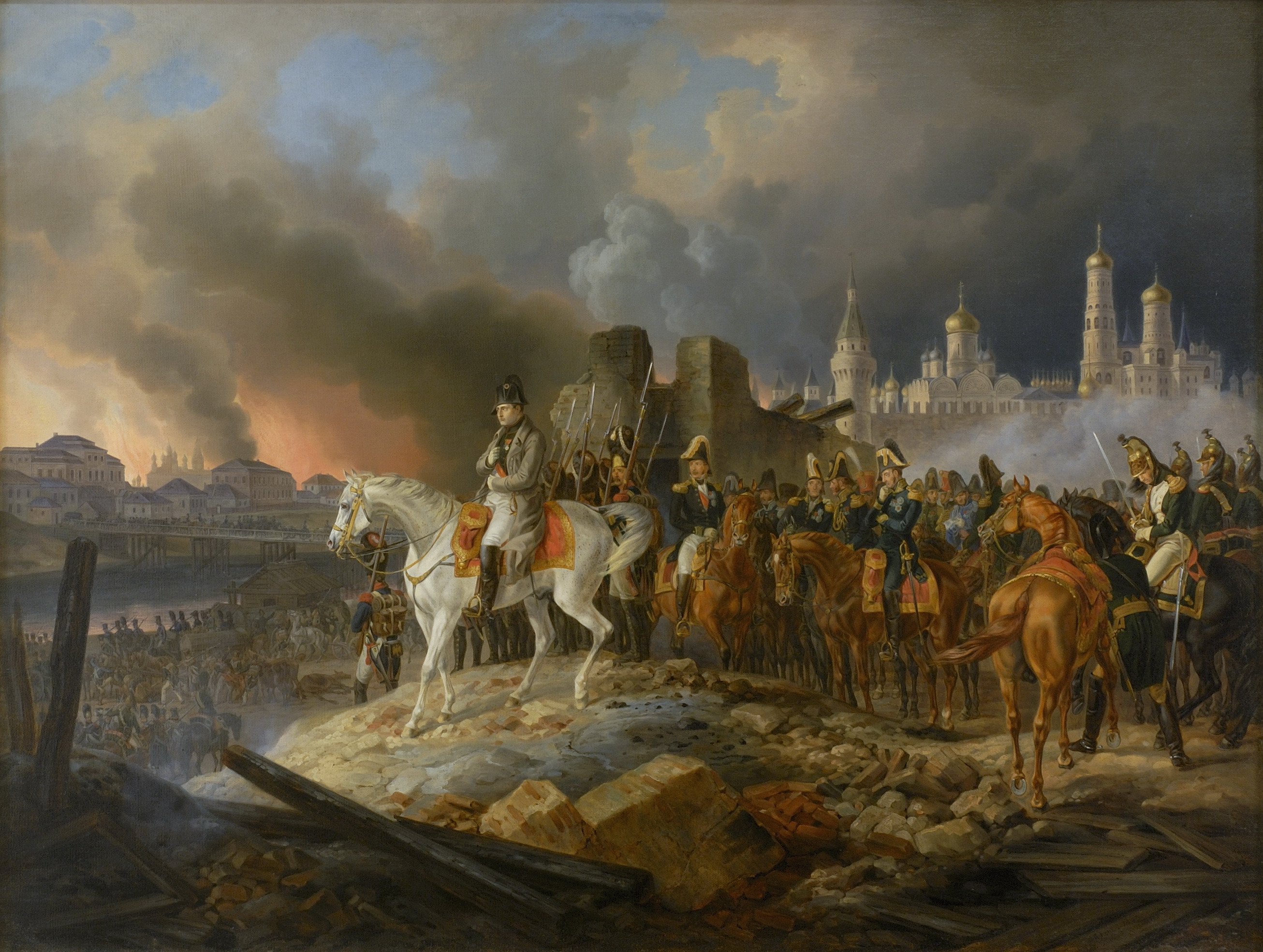 Napoleon sleduje požár Moskvy v září 1812 , Autor Adam Albrecht (1841). Volné dílo.