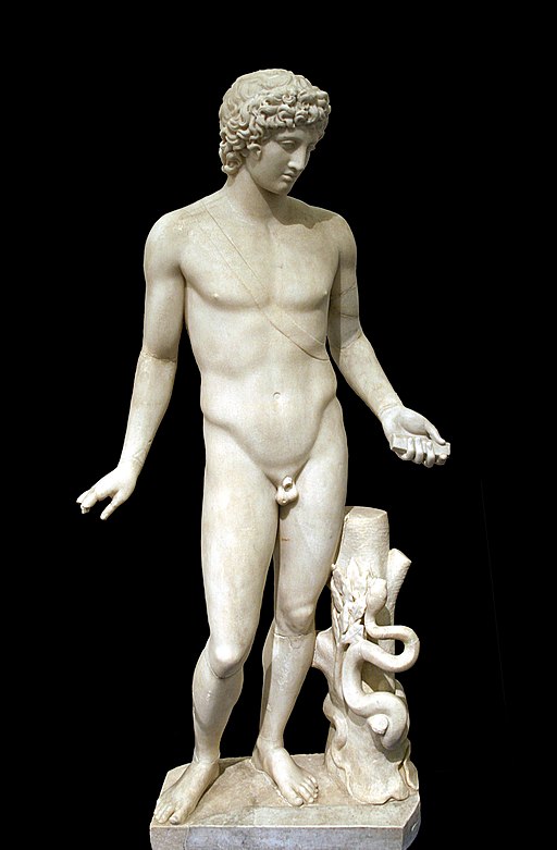 Apollón, mramor. Římská kopie z let 117-138 n. l. řeckého originálu z 4. století před n. l. Místo nálezu: Castelporziano. Museo Nazionale Romano, Palazzo Massimo alle Terme. Kredit: Jean-Pol GRANDMONT, Wikimedia Commons. Licence CC 3.0.