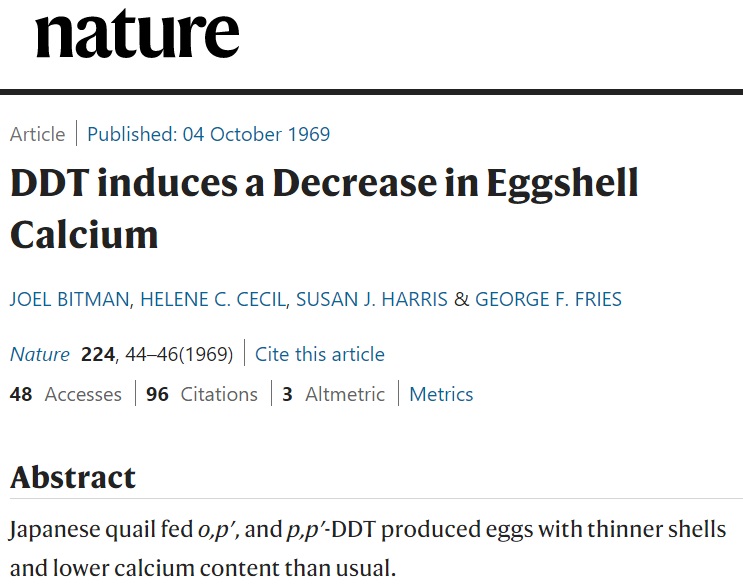 V roce 1969 chemik Joel Bitman publikuje v časopise Nature výsledky pokusu s DDT. Jeho zkrmování ptákům má ztenčovat skořápky. Stává se roznětkou vášnivých diskusí trvajících do dnešních dnů. doi.org/10.1038/224044a0