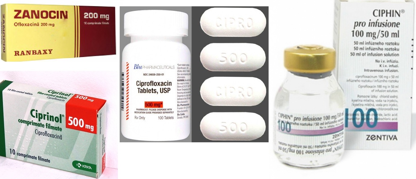 NiektorĂ© nĂˇzvy vyrĂˇbanĂ˝ch fluorochinolĂłnov: ciprofloxacin (Cipro, Ciphin, Ciphlox, Ciprinol, Ciprolon, Medociprin...),  ofloxacin (Taroflox, Medofloxin, Ofloxin, Zanocin), pefloxacin (Abaktal), moxifloxacin (Avelox), levofloxacin (Leflox, Tavani