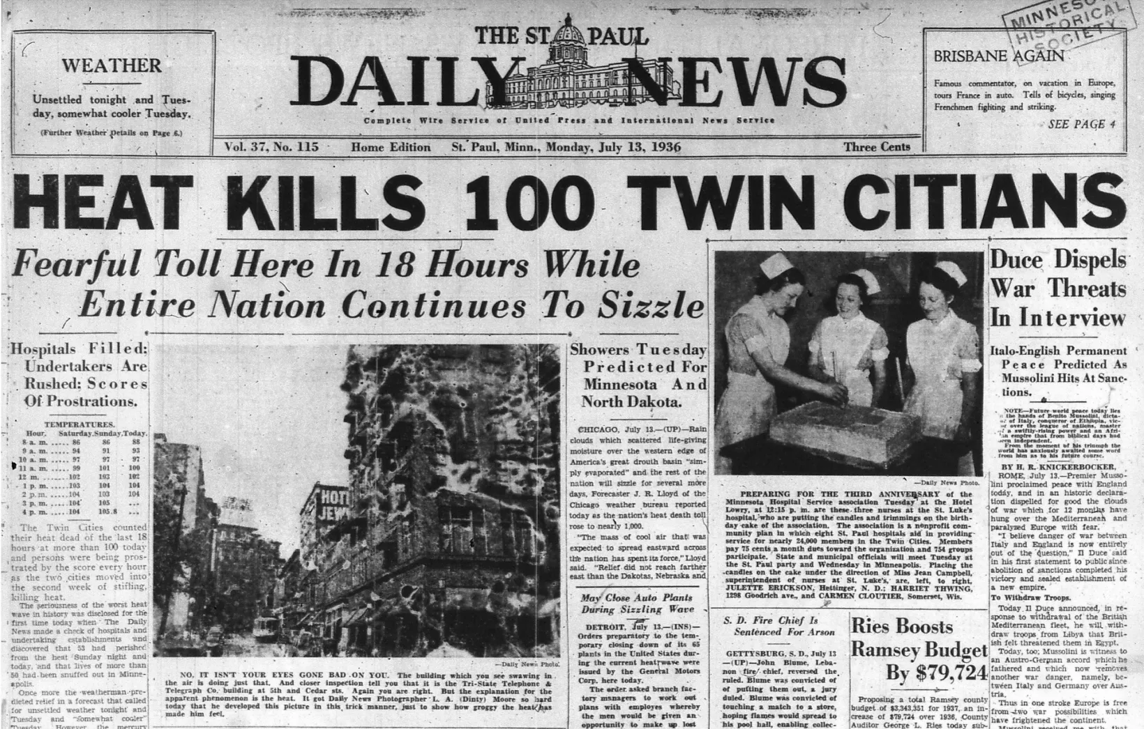 Titulní stránka novin St Paul Daily News z 13. července 1936 referující o vlně veder. Zdroj: DN.